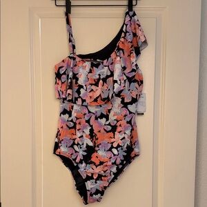 Time and Tru Black One-Shoulder Floral Swimsuit with Pink & Orange Flowers